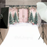 Aperturee - Aperturee Pink Christmas Door Sweep Backdrop Flocked Trees with Rose Gold Ornaments Whimsical Holiday Photo Floor Drop